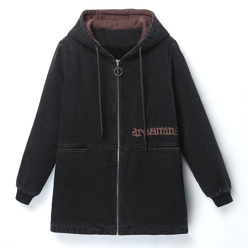 Women's Fleece-Lined Denim Hooded Jacket: Mid-Length, Warm, Fashionable Autumn/Winter Coat for Middle-Aged & Elderly Moms.