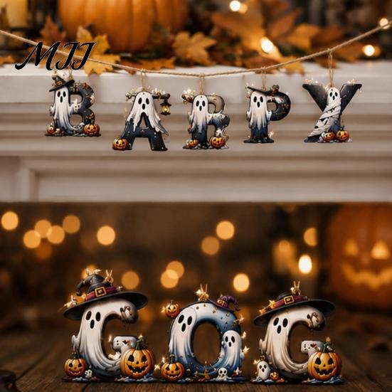 Holiday Scenery for Cafes Hotels Halloween Letter Ornament, Spooky Hanging Wooden Alphabet Letters Pendant with Ghost Creative Photo Prop Wall