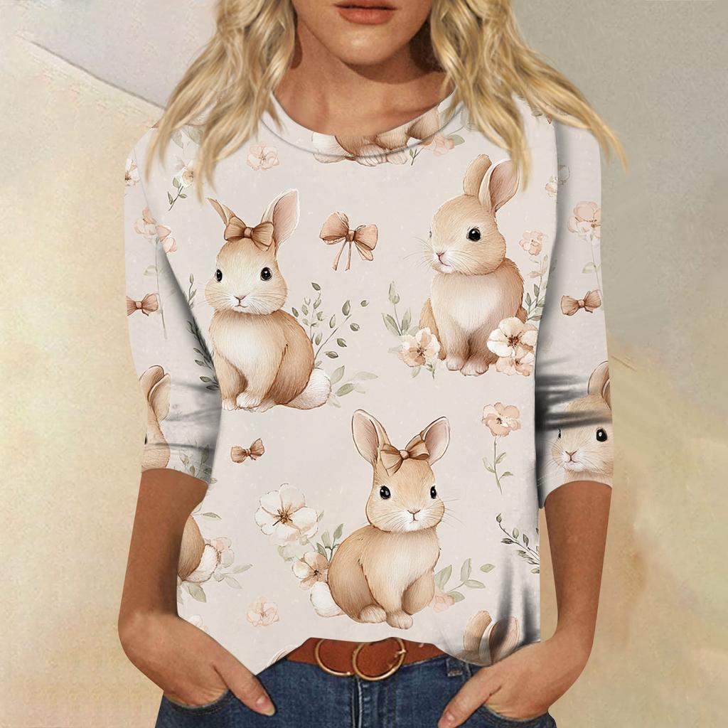 Top da donna casual con stampa di elementi pasquali, girocollo