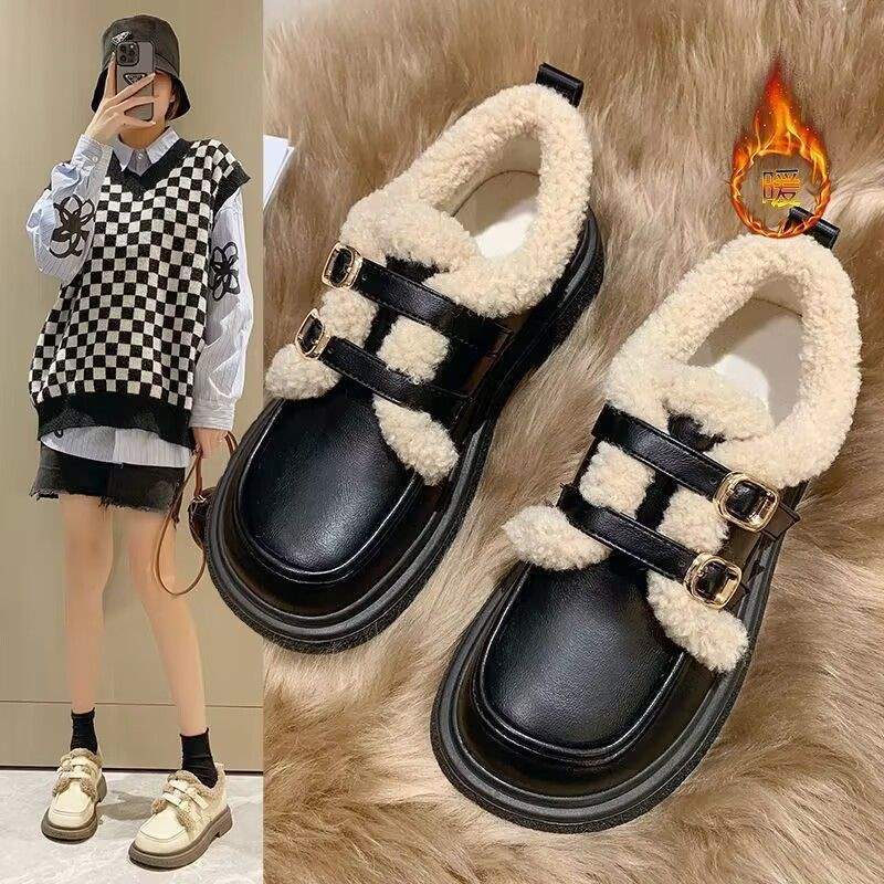 Black British style small leather shoes women's autumn and winter 2025 new platform loafers velvet cotton shoes Mary Jane shoes