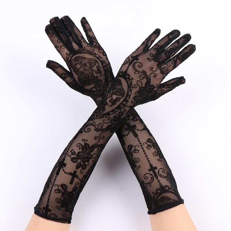 

Женские летние солнцезащитные модные принтованные тонкие кружевные прозрачные длинные перчатки без пальцев рукава эластичные сетчатые лолита панк косплей One Size