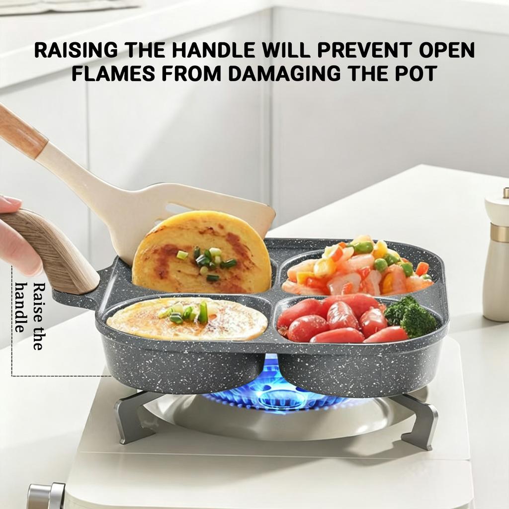 Poêle à petit-déjeuner 4 trous avec long manche pour cuisson sur plaque chauffante