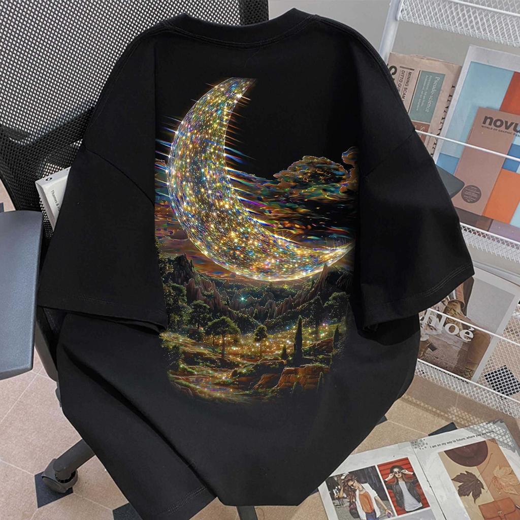 New Super Flash Moon Scenery Print Shortsleeved Tshirt American Street Style Loose Large Size Couple Half Sleeve