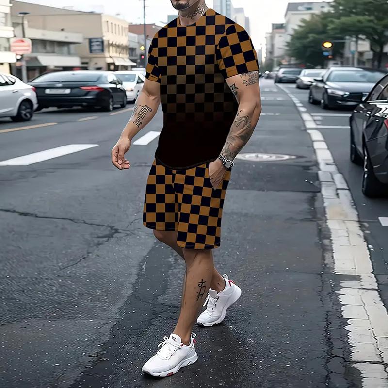 New Men's Striped Letter Pattern Printed Short-Sleeved T-Shirt Set Summer Short-Sleeved T-Shirt Drawstring Shorts 2-Piece Set