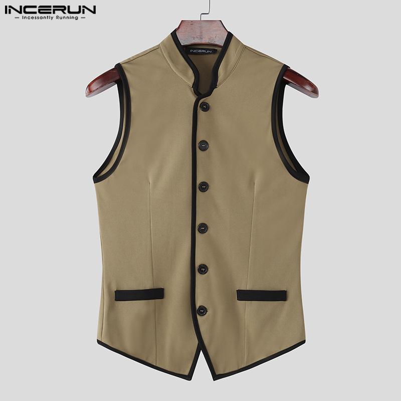 INCERUN Men Stand Neck Sleeveless Stitching Slim Waist Thin Waistcoat Tops