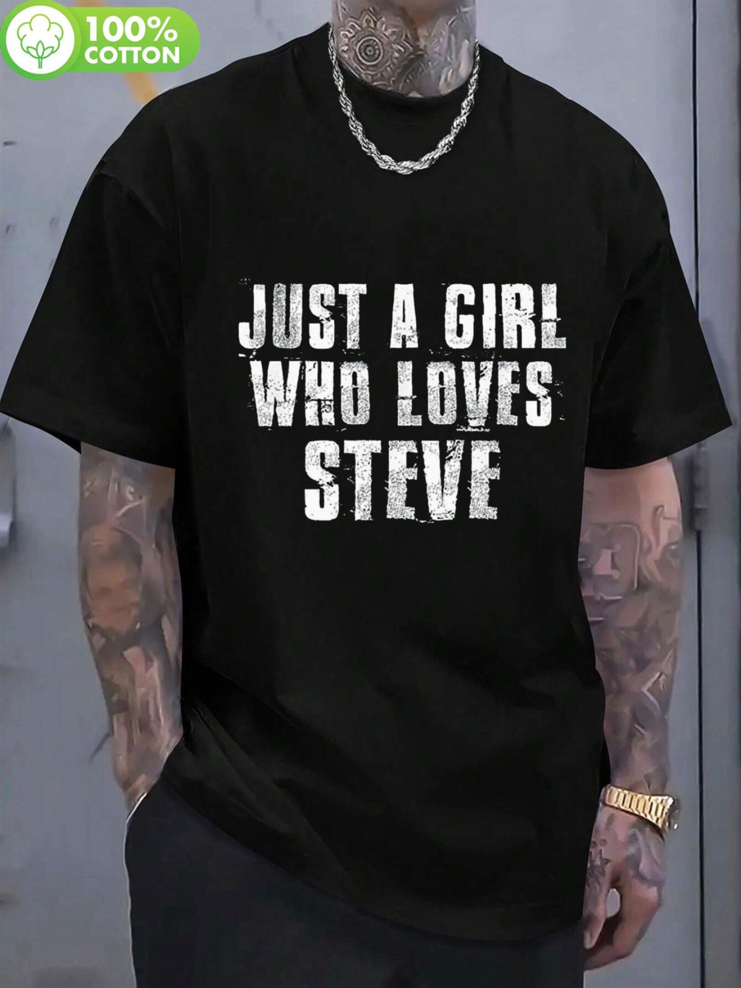 1pc Black Cotton Crew Neck T-shirt with  Just a Girl Who Loves Steve  Print - Casual Sports Style S