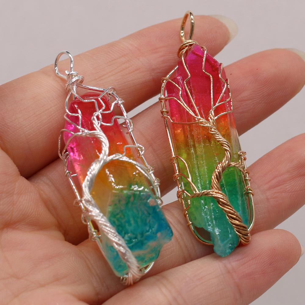 

1 шт., кулон с целебным кристаллом, натуральный камень, драгоценный камень, ручная рана, Древо жизни, подвески для изготовления ювелирных изделий, аксессуары «сделай сам», 13x40-18x50 мм