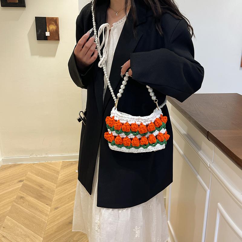 Tulip handmade DIY woven bag, cloth strip material bag, homemade pearl portable messenger bag, gift for girlfriend