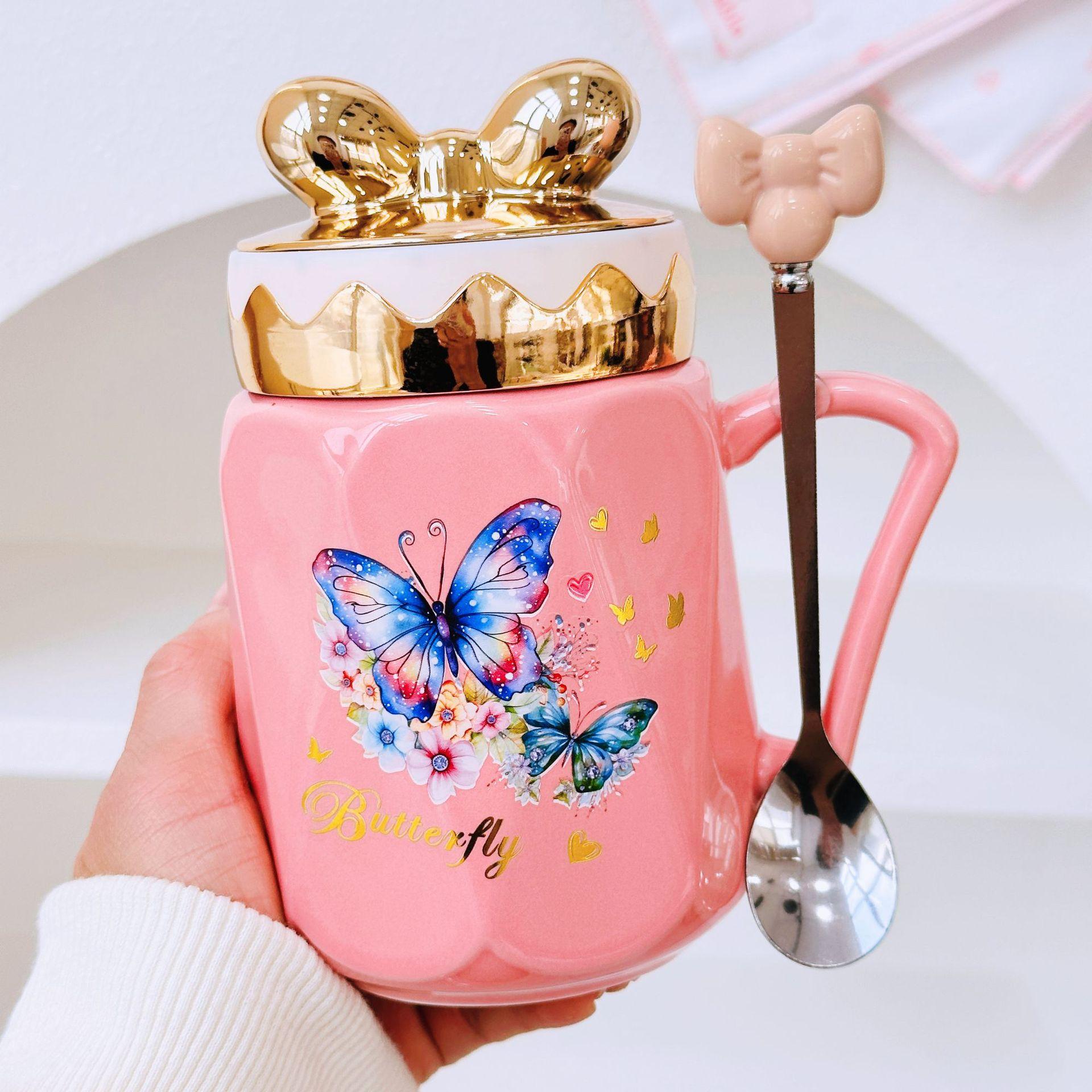 Mug en Céramique Papillon avec Couvercle Cadeau de Bureau Tasse à Eau Souvenir Filles 350ML