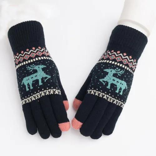 Thickened Plus Velvet Touch Screen Gloves Female Winter Korean Version Knitted Printing Gloves Split Finger Wool Gloves