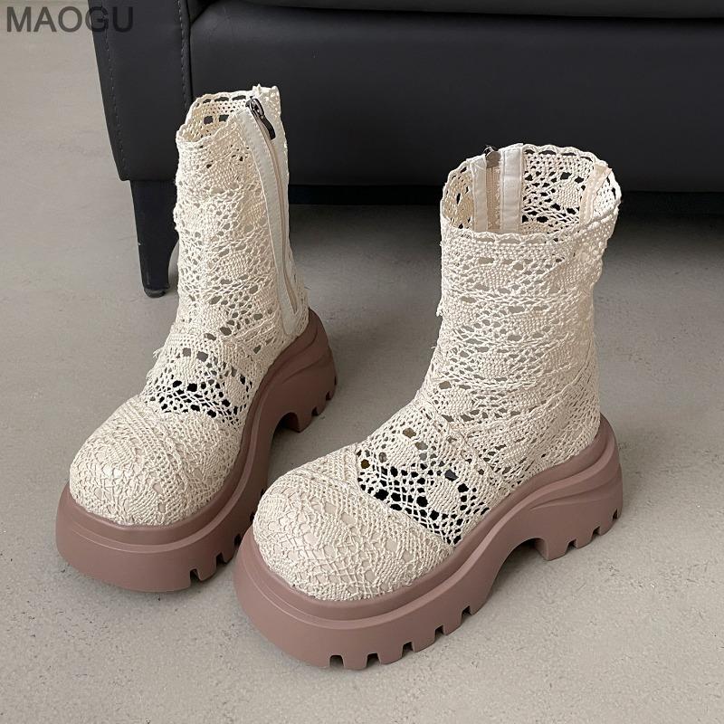Botines de Plataforma con Diseño Hueco para Mujer Negro Moda Tacón Grueso Cremallera Lateral Botines para Mujer Antideslizante Botas Para Mujer