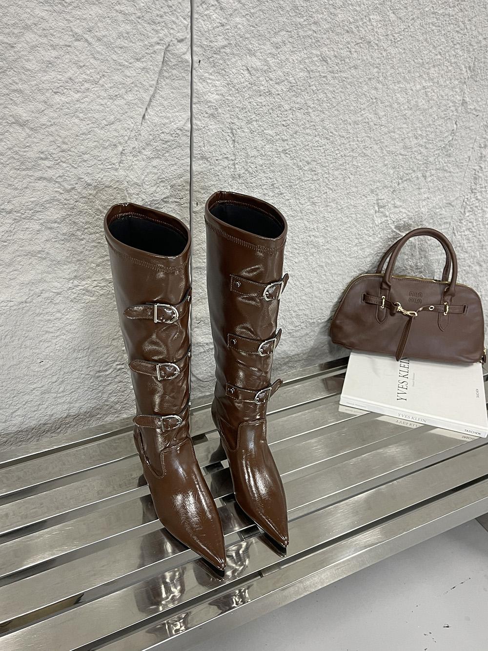 

мода остроносые женские сапоги до колена с пряжкой на ремне, черные, коричневые, на танкетке, высокие каблуки, слипоны, зимние рыцарские туфли Челси, сексуальные вечерние 245 коричневый