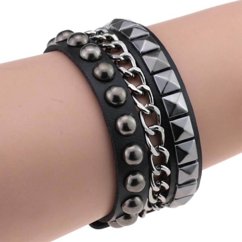 Multilayers Rock Spike Rivets Chain Bracelet Gothic Punk Wide Cuff Leather Bracelet Bangle Fashion Bracelet Jewelry