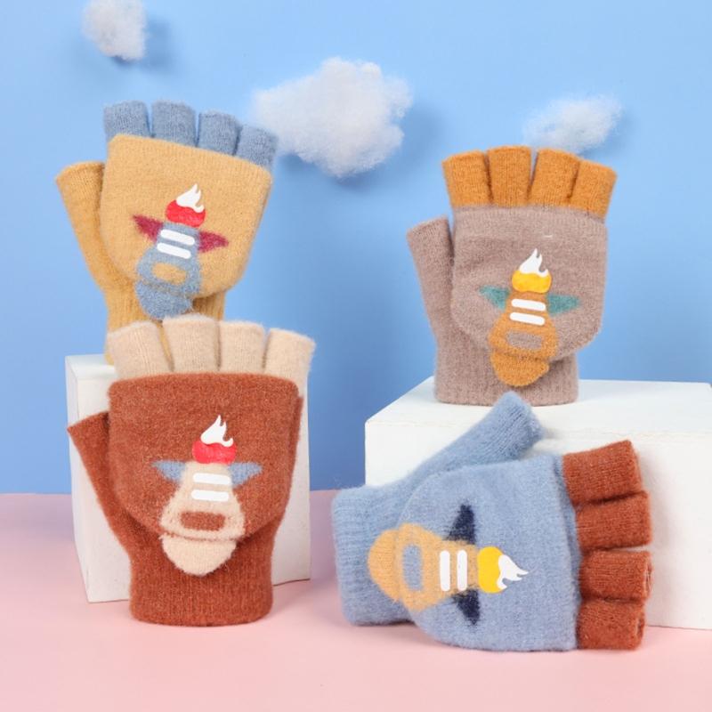 Convertible Gloves Winter Half Finger Mittens Stretchy Knit Fingerless Gloves with Soft Cover for Kids Teens Kawaii