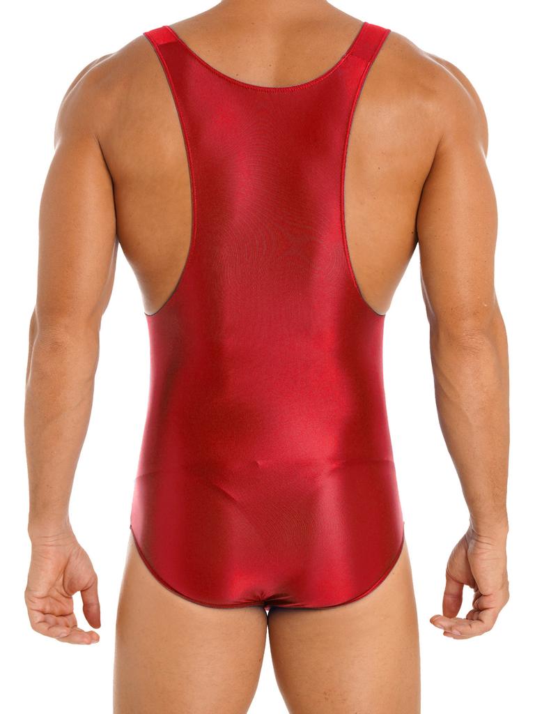Mens Glossy U Neck Bodysuit Sleeveless Stretchy Leotard Wrestling Singlet Swim Sportswear
