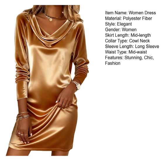 Women's Satin Cowl Neck Dress Long Sleeve Cocktail Party Club Short Dress Ruched Wedding Guest