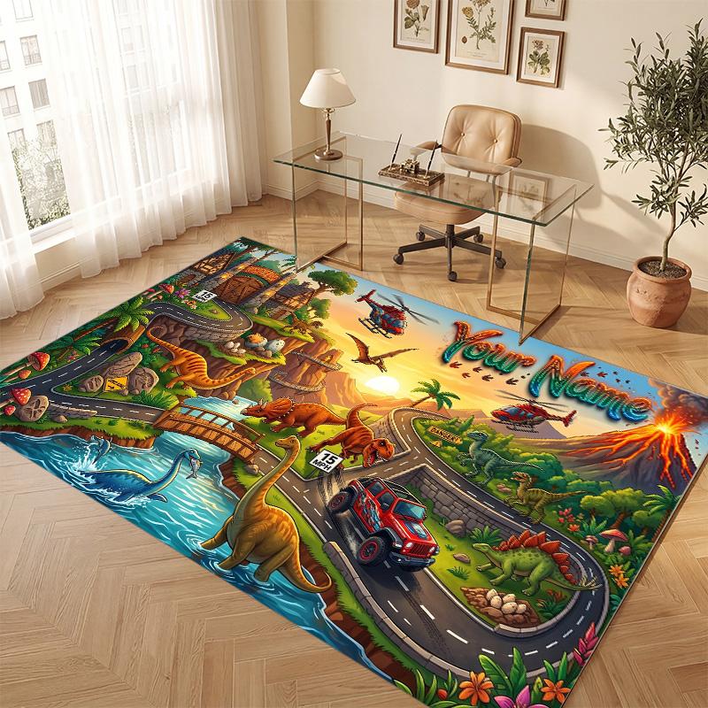 Dinosaur Theme Soft Crystal Velvet Rug Custom Name & Text Print Non Slip Floor Rug for Bedroom Living Room
