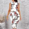 Women Plus Size Sleeveless Round Neck Midi Bodycon Dress White Base Red Rose Floral Print Slim Fitted Dress