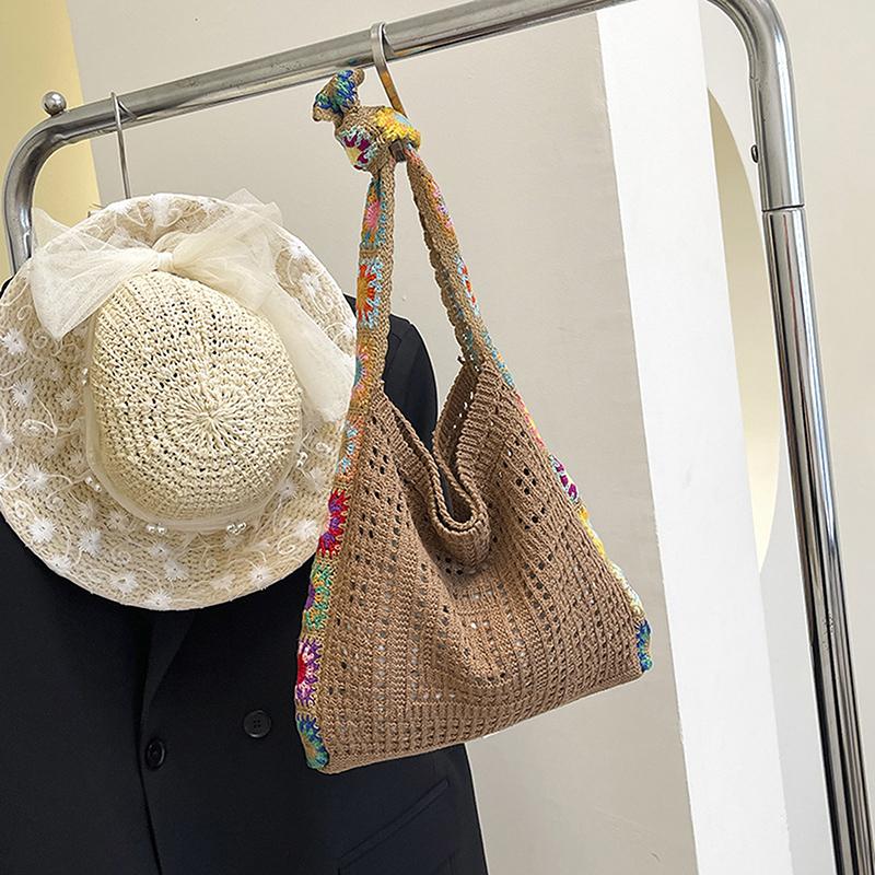 Летняя большая вместительная сумка-тоут в стиле бохо, цветочная вязаная крючком сумка, винтажная многоцветная сумка с вырезами, модная вязаная ажурная сумка