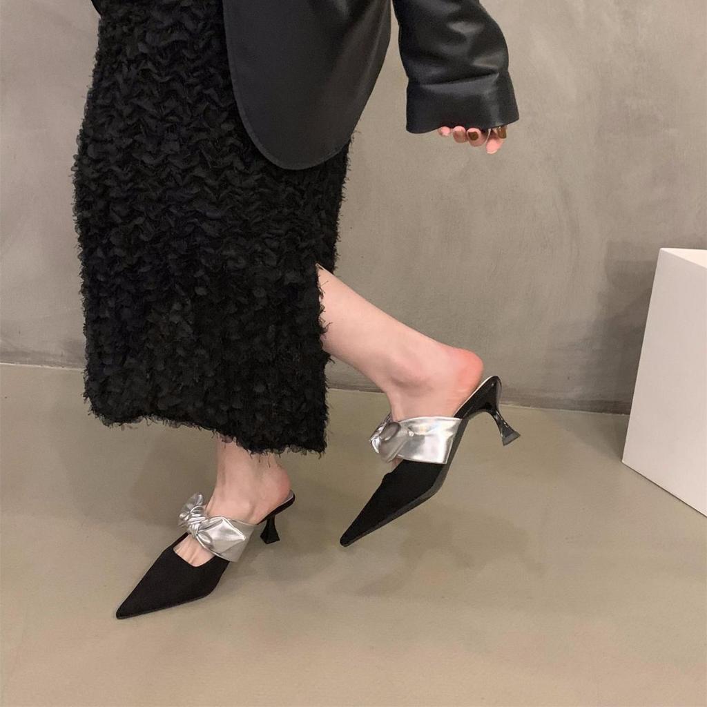 French Xiaoxiangfeng Bag Head Half Slippers Fairy Shoes Wear 2025 New Spring and Summer Bow High Heel Sandals