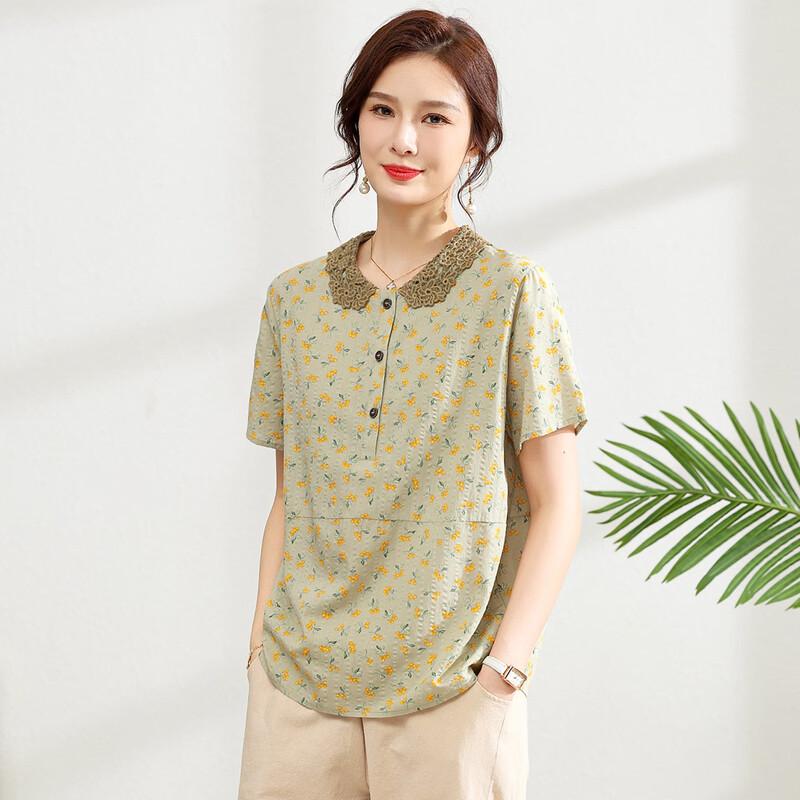 Mom's Summer Floral Print Doll Collar Short Sleeve T-Shirt