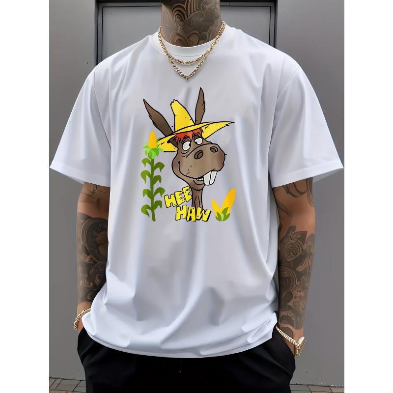 European sizes T-shirt with a Donkey Wearing a Yellow Hat and Corn Plants, Text Reads 'Hey Ho', All-season Casual Wear, Comfortable Clothing Y1-3