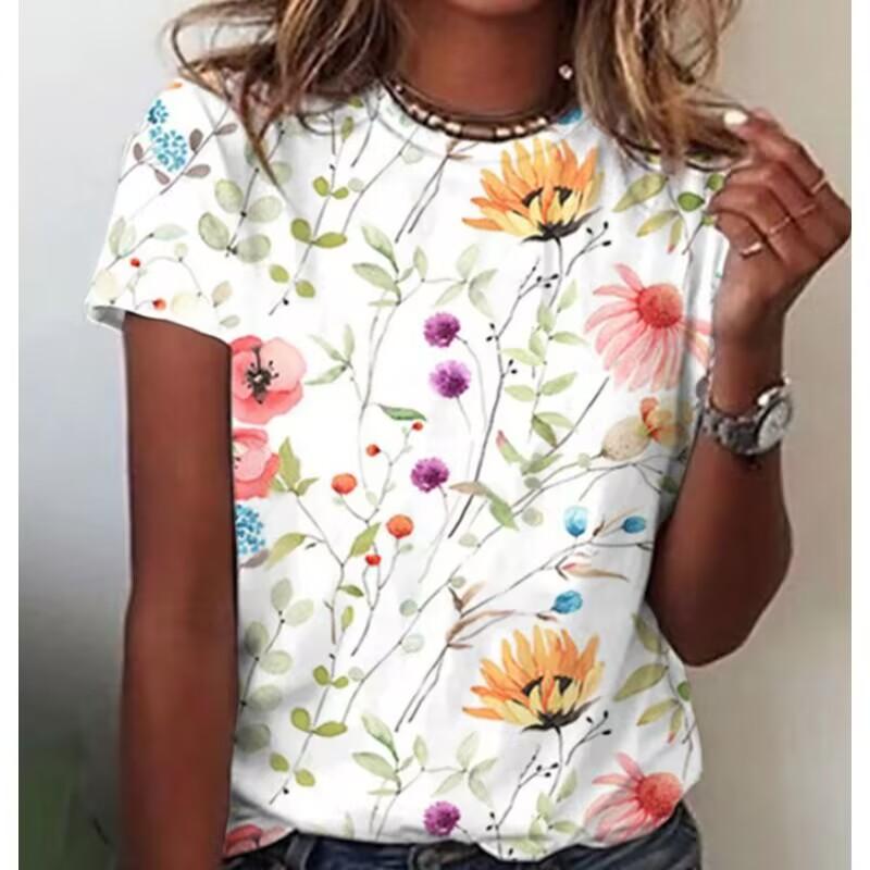 

Women s watercolor flower casual round neck short sleeved shirt XL