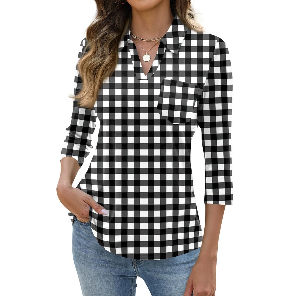 Women's Fashion Casual Lapel Short 3/4 Sleeve Print Shirt Women's Up Tops
