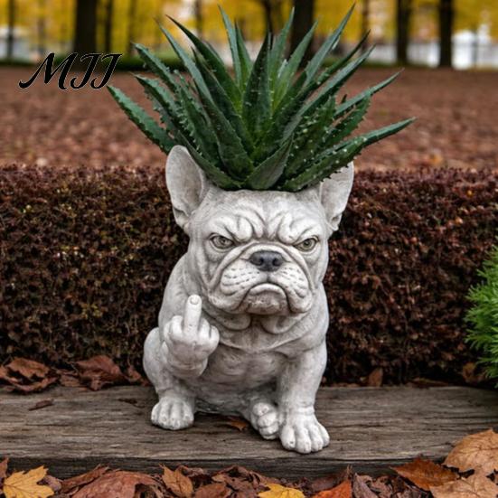 Small Plant Pot Bulldog Dog Planter Funny Middle Finger Resin Flower Cute Whimsical Container Animal Shaped for Home Office Desk Garden Decor