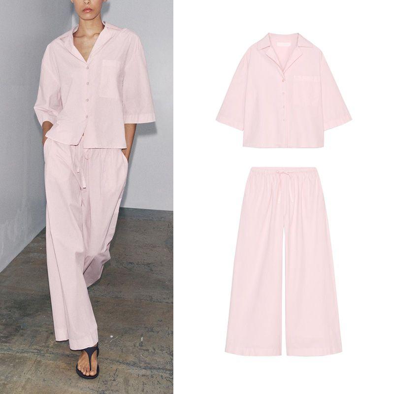 Cotton Blend Short Sleeve Lapel Short Shirts 2183062 Mid Waist Simple Wide Leg Casual Trousers 2183063