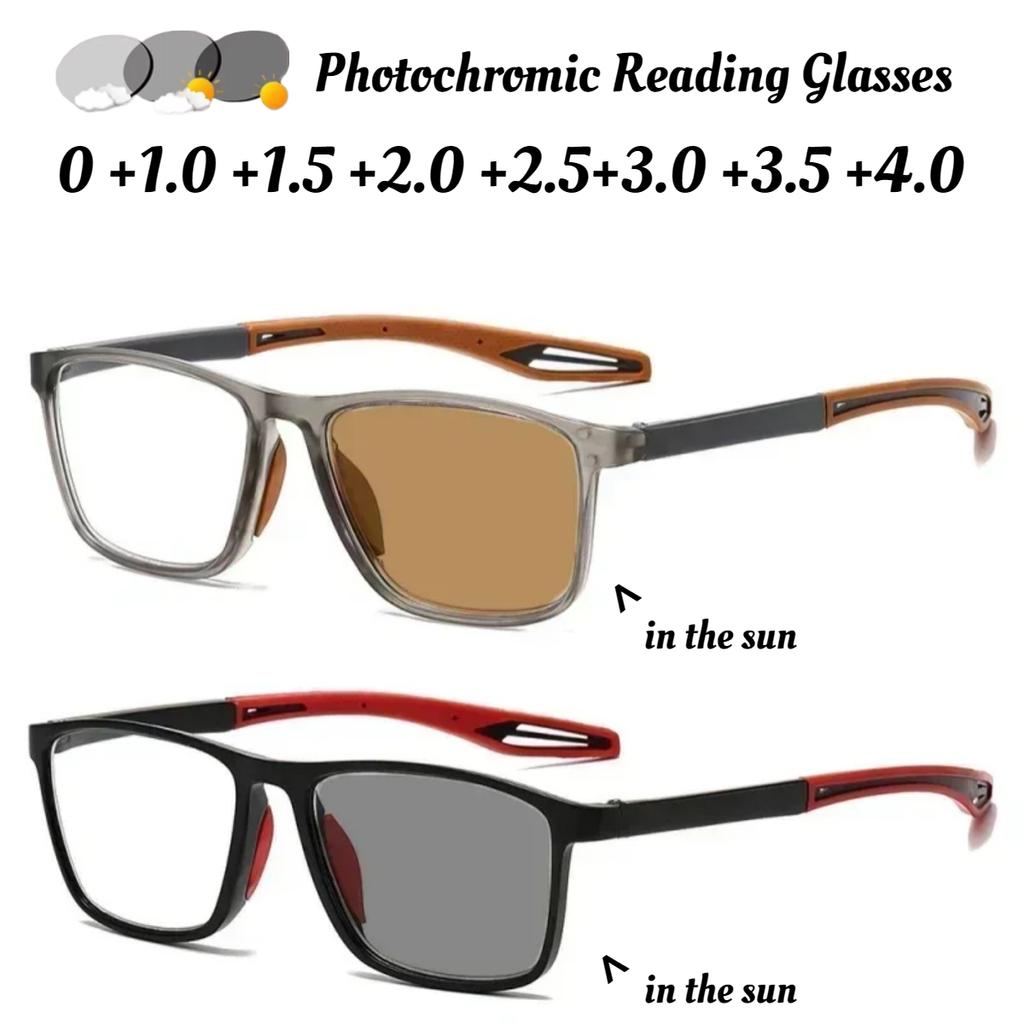 Unisex Photochromic Reading Glasses Ultra-light TR90 Sport Presbyopia Retro Sunglasses Diopter 0 To +4.0 Color Changing