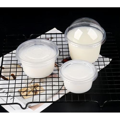 Set of 100 Disposable Dessert Cups with Lids, Large Capacity, Clear Plastic, for Pudding, Ice Cream, Jelly, and Sauces (Spherical Lid with Spoon, 300m