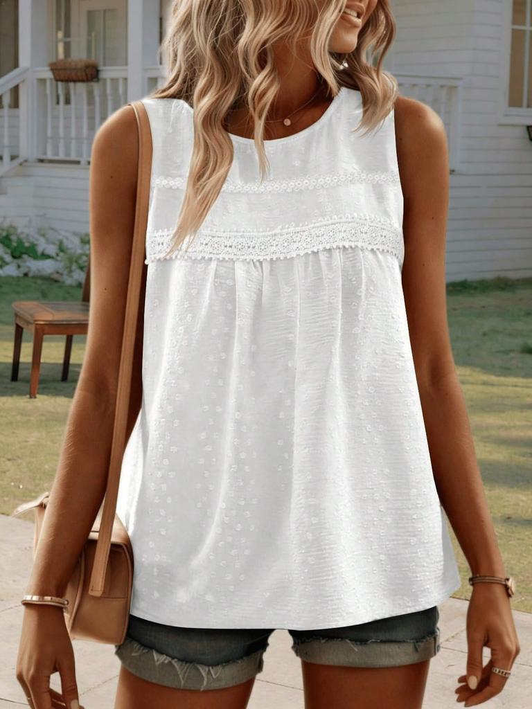 Womens Swiss Dot Sleeveless Tank Top Crew Neck Loose Fit Summer Cami