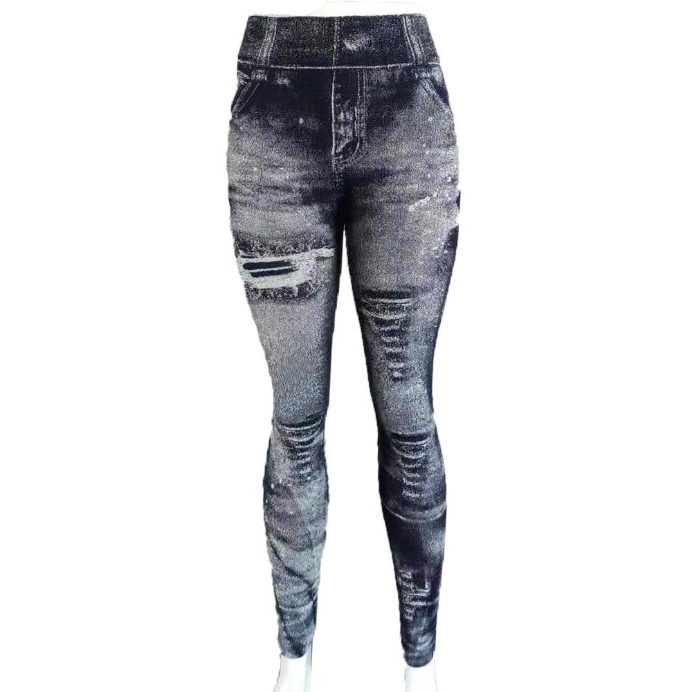 Schlanke Damen-Leggings, Faux-Denim-Jeans, hohe Taille, elastische Hosen, Push-Up-Hose