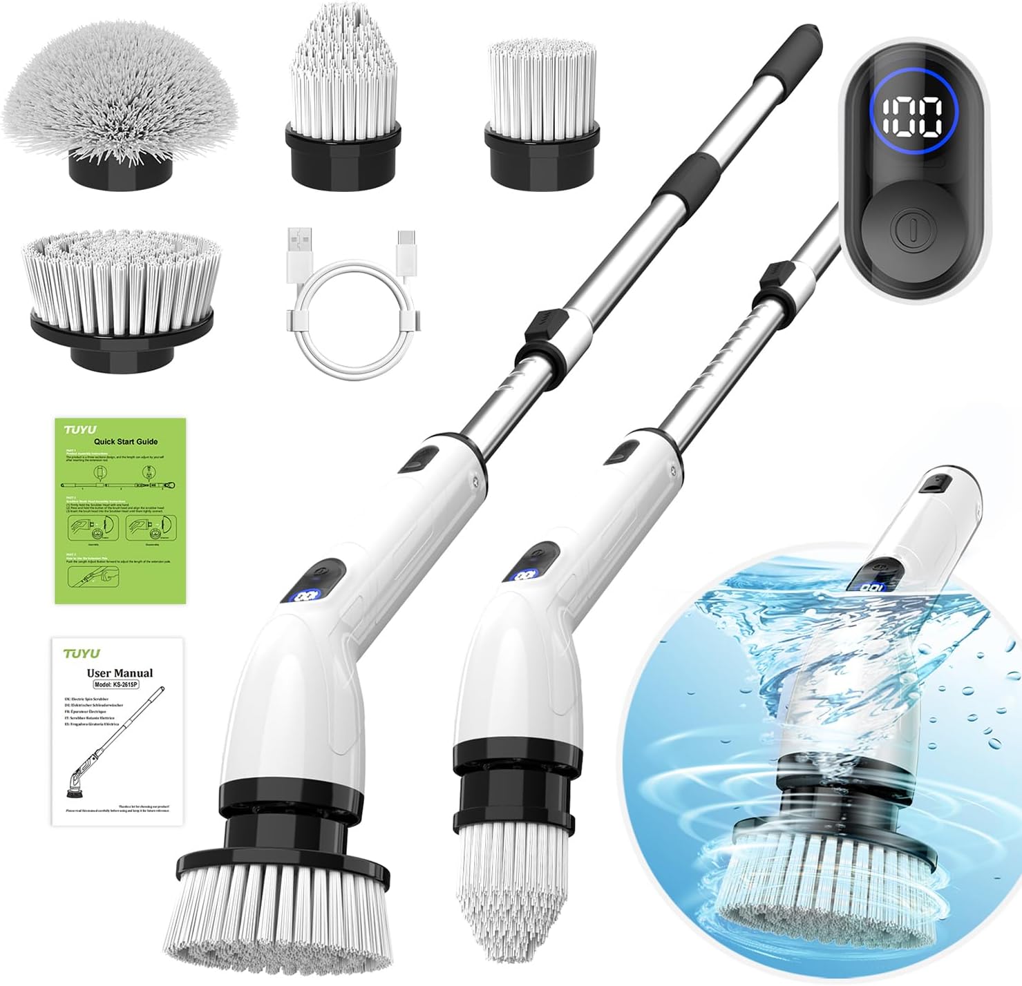 Long-Handle Multi-Functional Electric Cleaning Brush for Kitchen Bathroom Waterproof Telescopic Rod for Mopping Cleaning Xs белый