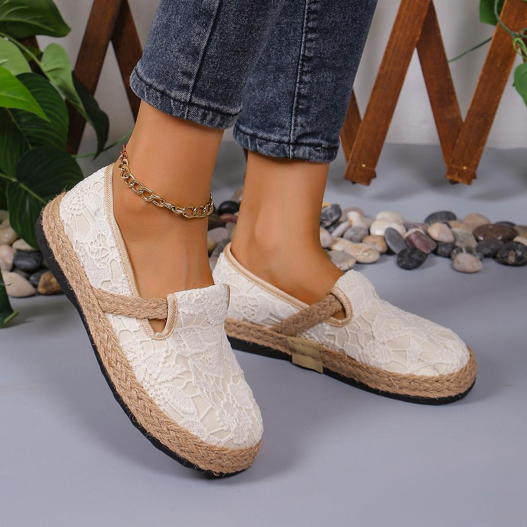 2025 New Breathable Casual Women's Bag Head Half Slippers Lace Retro Cotton and Linen Shoes Flat Bottom