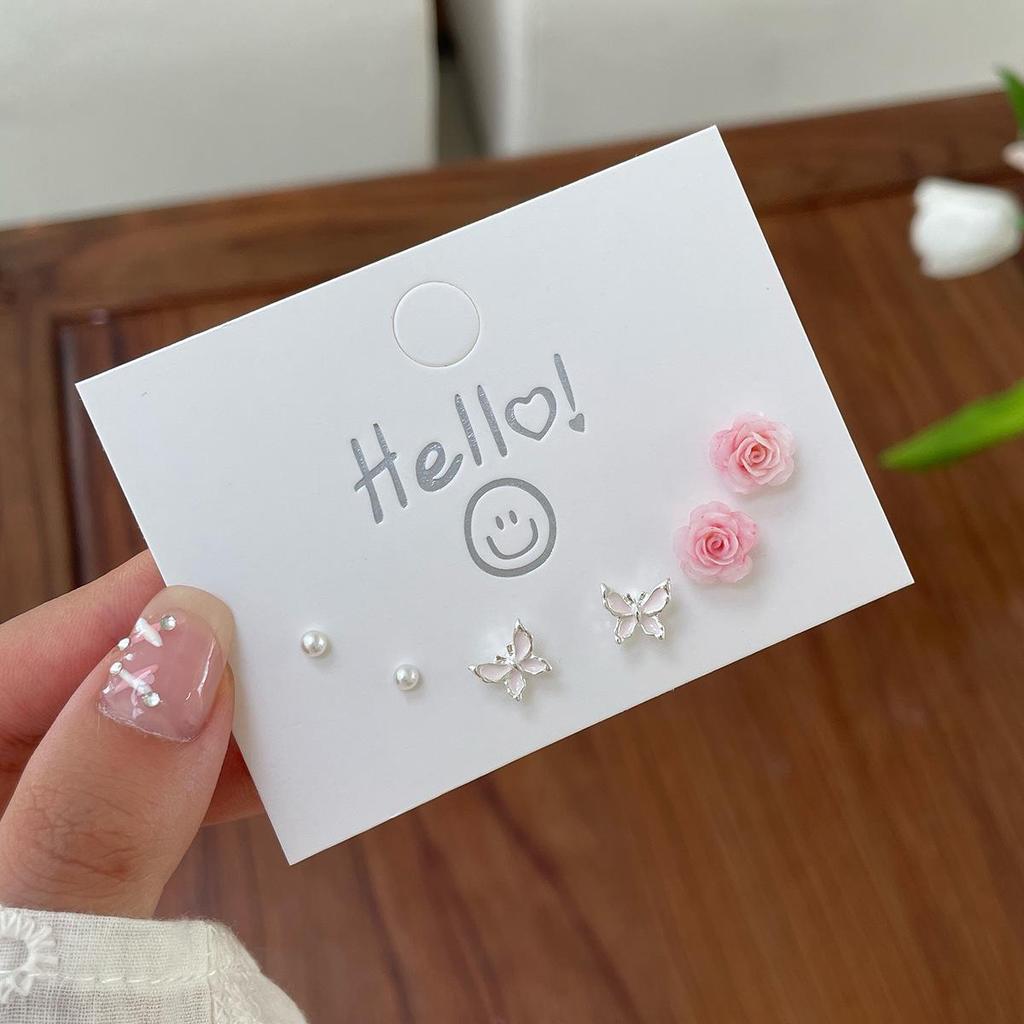 Women's Sweet Pink Rose & Butterfly Silver Earrings Set - 3 Pairs for a Fresh Summer Look