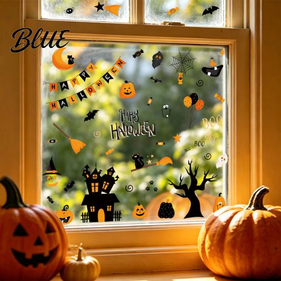 Halloween Window Stickers 4 Sheets Electrostatic Glass Stickers Cartoon Pumpkins Castle Bats Decals PVC Waterproof Static Clings for Windows
