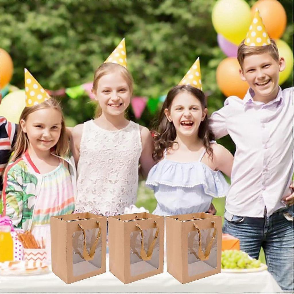 10pcs Gift Boxes With Clear Lids, Cowhide Color Kraft Paper Gift Bags With Handles,Transparent Window Bag Teacher'S Day Flowers Gift Bag