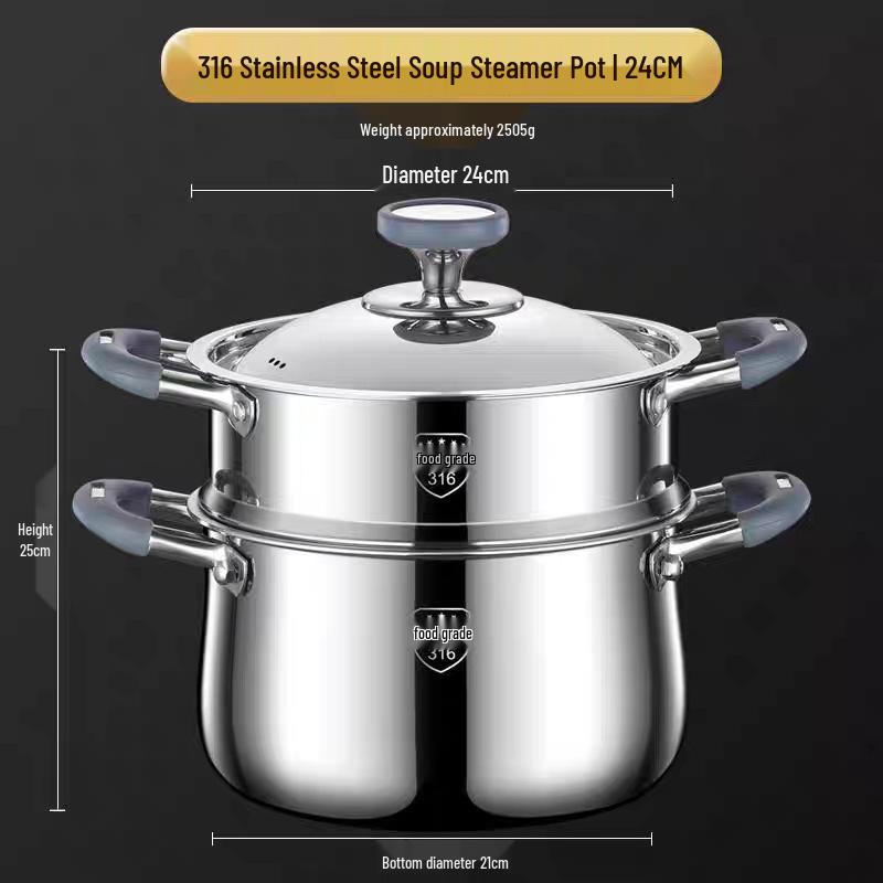 316 Stainless Steel Rivetless Stew Pot with Two-Layer Silicone, Large Capacity for Steaming and Simmering.
