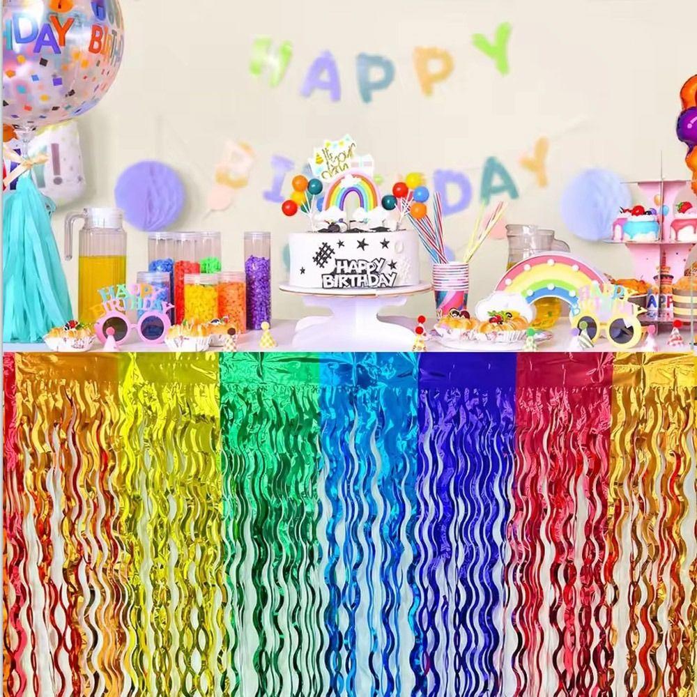 Colorful Rainbow Wavy Skirt Metallic Foil Tinsel 75*275cm Graduation Ceremony Dress Dress Tablecloths Halloween Christmas Day