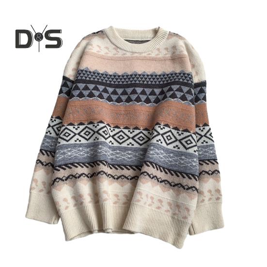 Women Autumn Winter Loose Fit Sweater O Neck Long Sleeve Pullover Tops Striped Print Knitting Jumpers Casual Knitwear