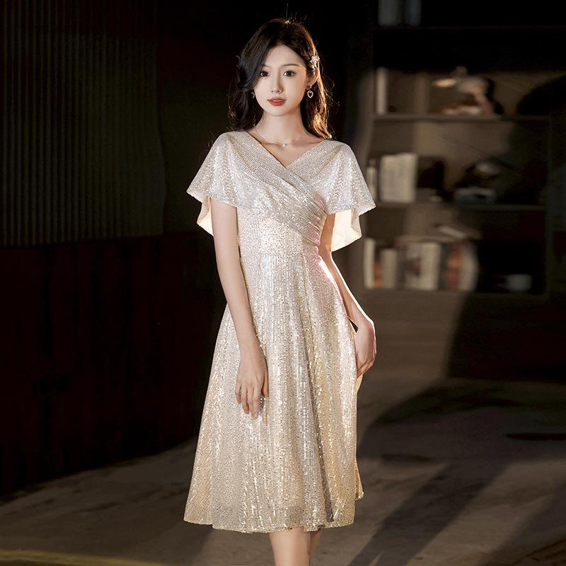 Champagne evening dress women's small light luxury niche sequins host dress bright medium and long dress