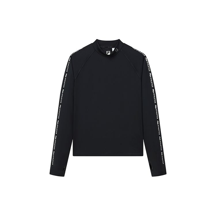 Fila Athletics Side Stripe Half High Neck Printed Sports Casual Tight Knit Long Sleeve Raglan T-Shirt Women Tops Deep-Black A11W141201F-BK