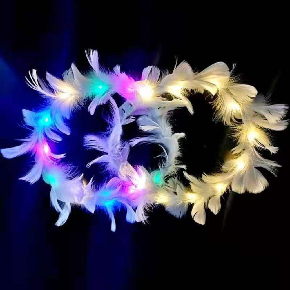 Glow White Feather Luminous Garland New Year Women Hairband Elegant LED Feather Headband Party