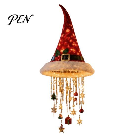 Christmas Hat Shaped Wall Decor Lighted Santa Hanging Chandelier, Warm LED String, Sequined Cone Pendant with Housewarming Gifts for Chime Star