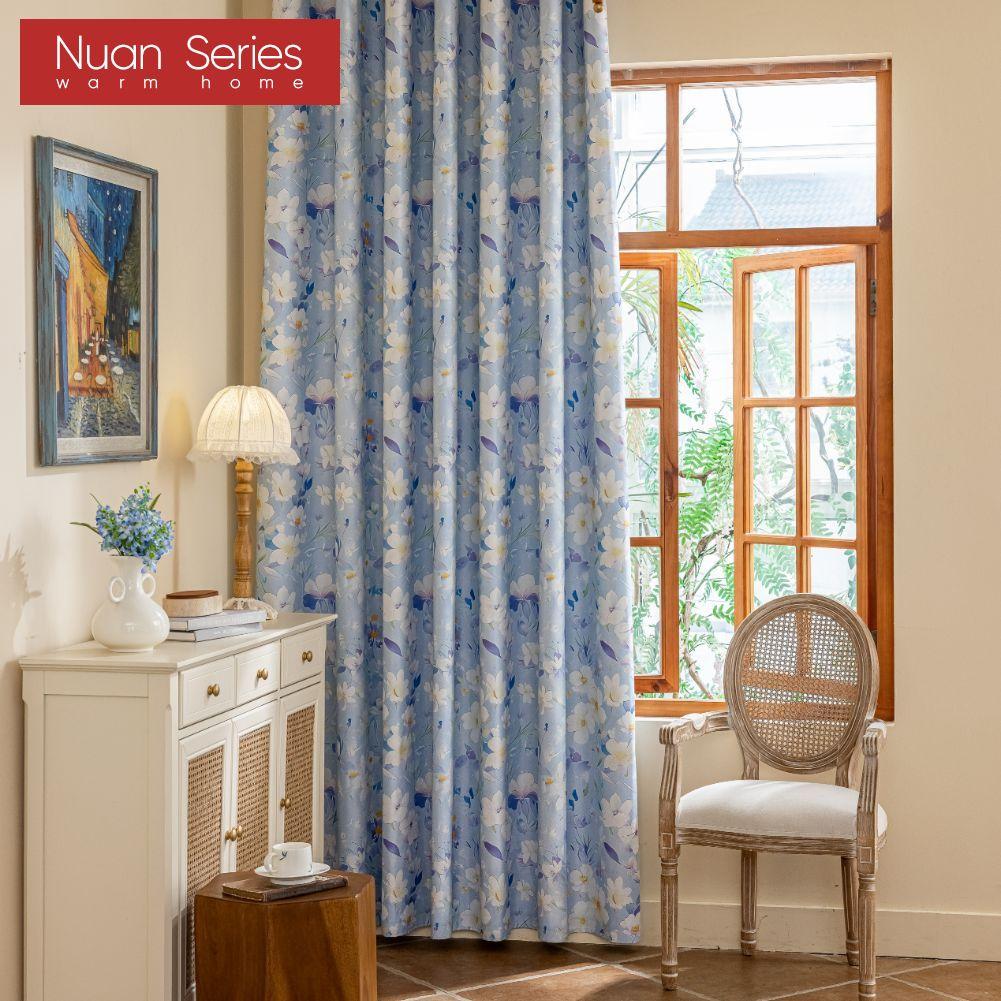 1PC Nuan Series Nordic Countryside Style Blue Printed Curtains with Full Blackout Curtains for Bedroom Living Room Balcony Window for Home Decor