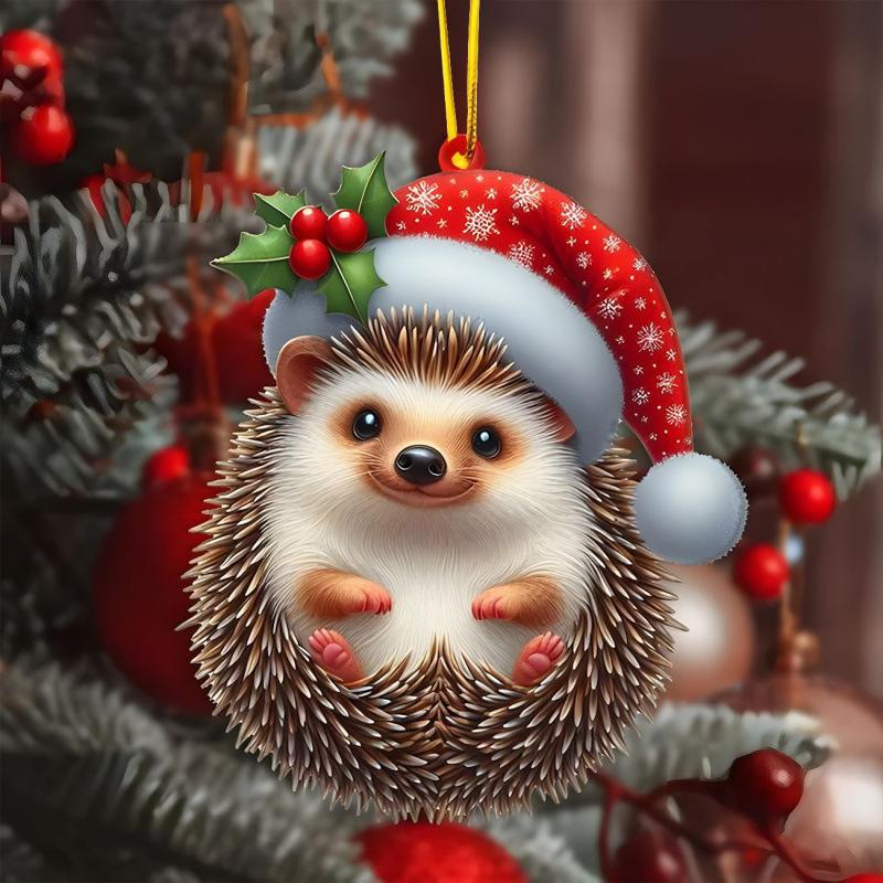 2D Christmas Squirrel Pendant Hedgehog Cat Pattern Decorative Acrylic Flat Ornaments Cartoon Animal Car Hanging
