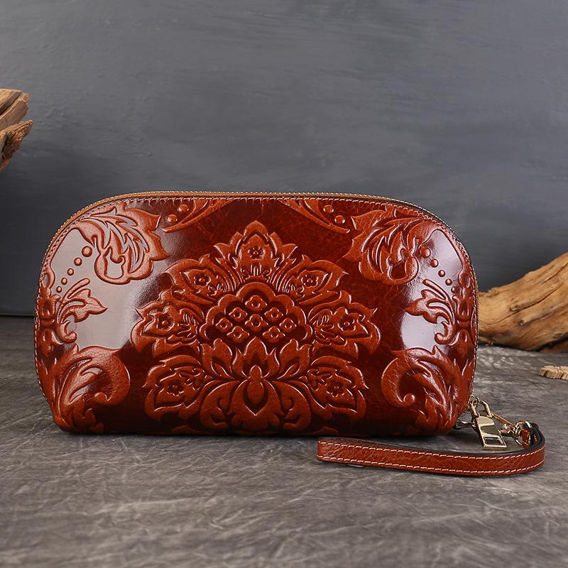 Embroidered Phone Case with Embossed Pattern Handbag for Ladies, Genuine Leather Zero Wallet Bag