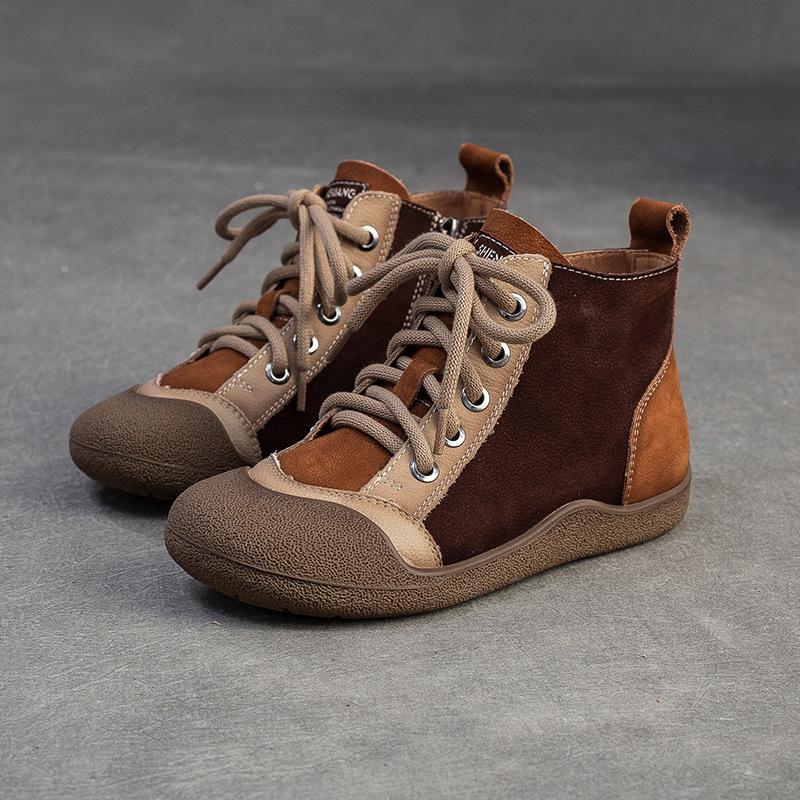 Johnature Mixed Color Genuine Leather Lightweight Comfortable Ankle Boots Retro Versatile Warm Women's Shoes